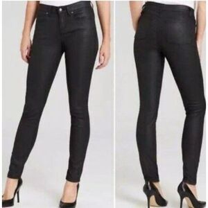 EILEEN FISHER Jeans 10 Waxed Organic Cotton Skinny Stretch Denim Moto‎ Black USA
